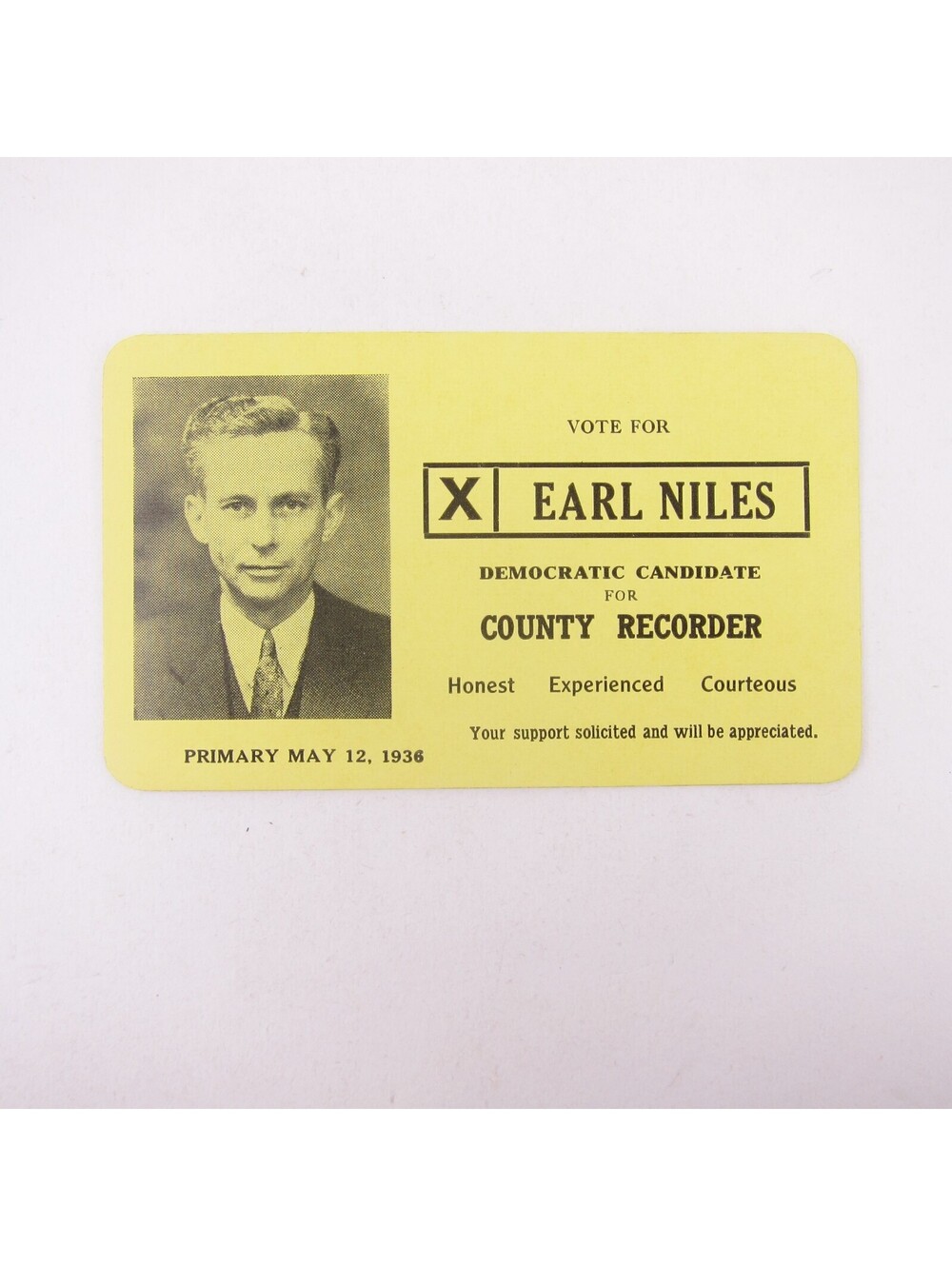 Political Campaign Election Card Greenville Ohio Recorder Earl Niles 1936 Vintag